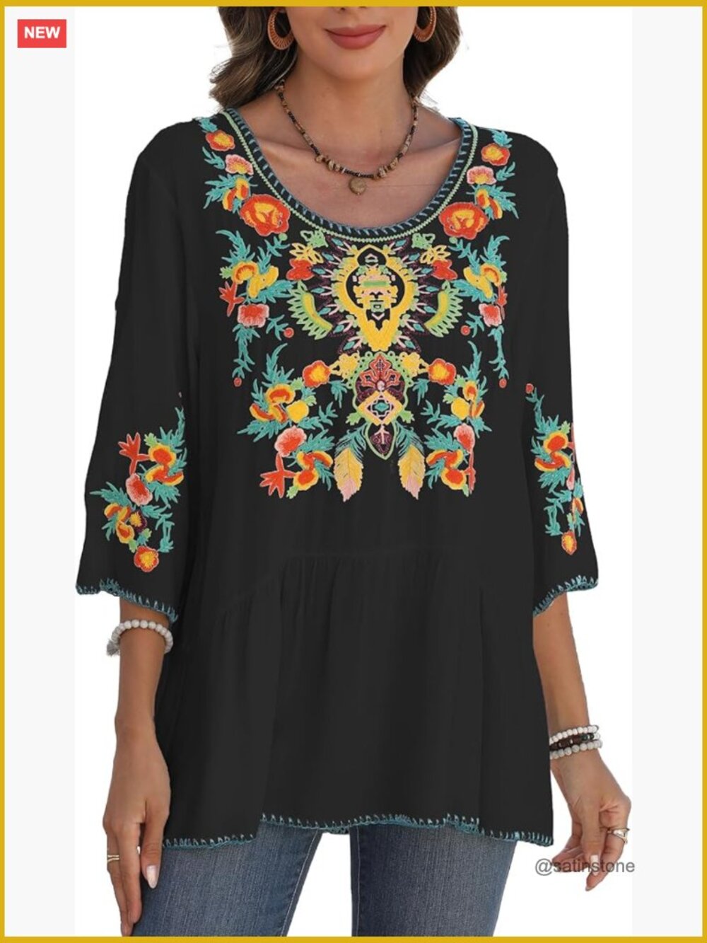 Mexican Embroidered Tunic Top, Cotton, Crew Neck, 3/4 Sleeve